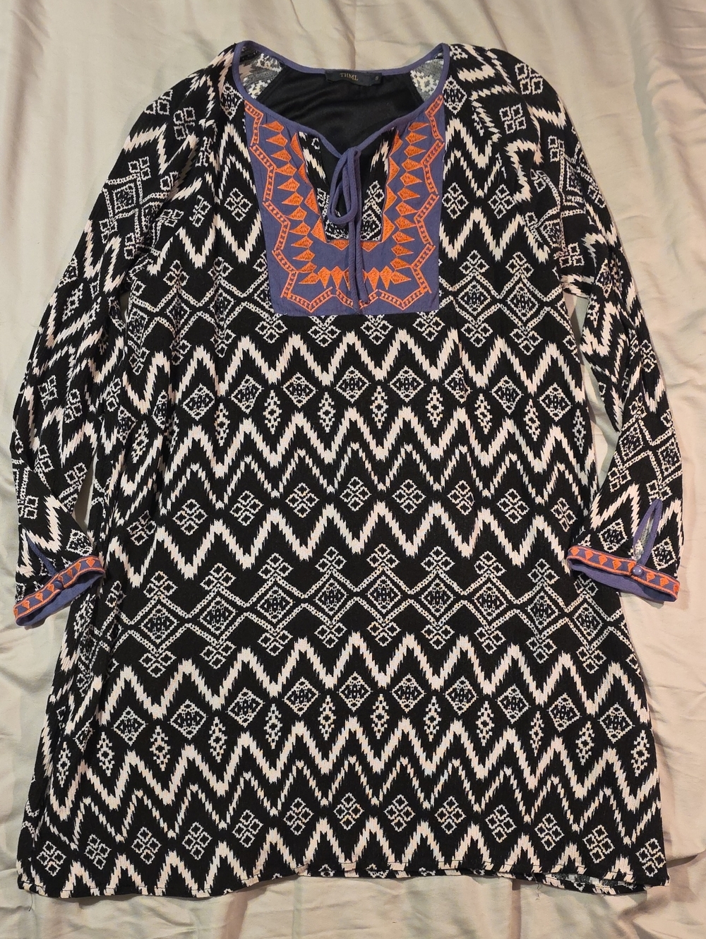 THML Black & White Geometric Tunic Dress with Purple and Coral Embroidered Trim